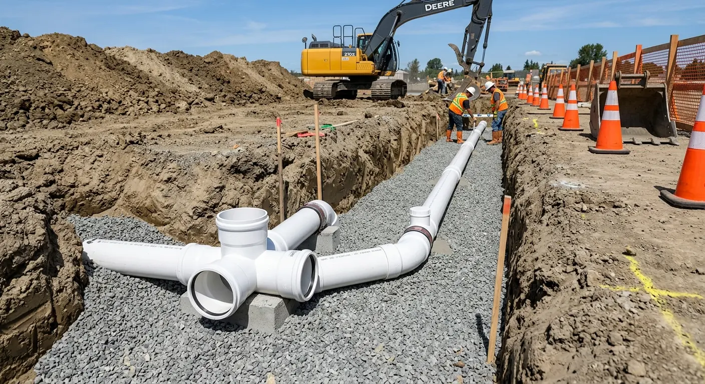 New PVC sewer pipe installation in open trench for Commercial Drain Cleaning in Huber Heights