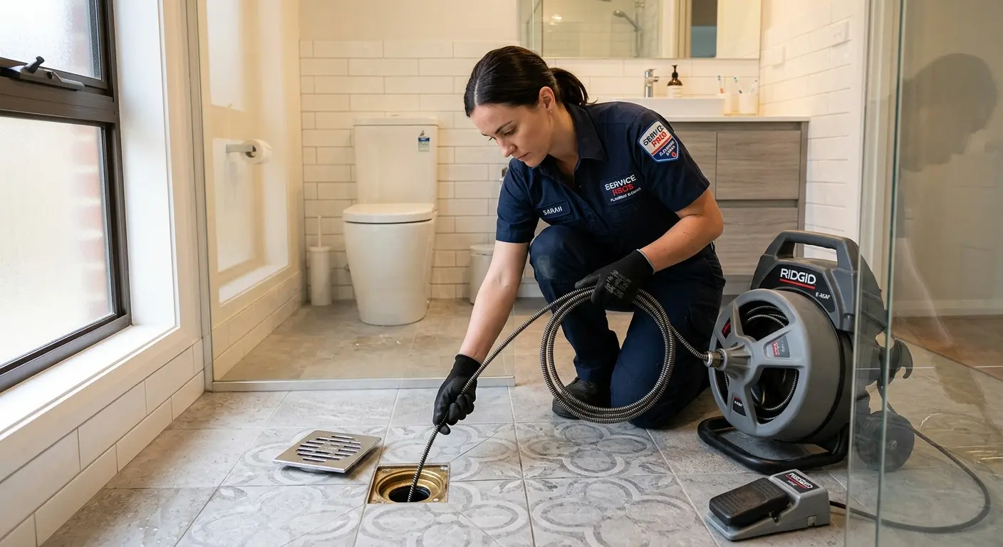 Technician clearing a bathroom floor drain for Sewer Line Replacement in Huber Heights